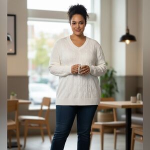 Express NWT V-Neck Cable Knit Cream/White Sweater XL